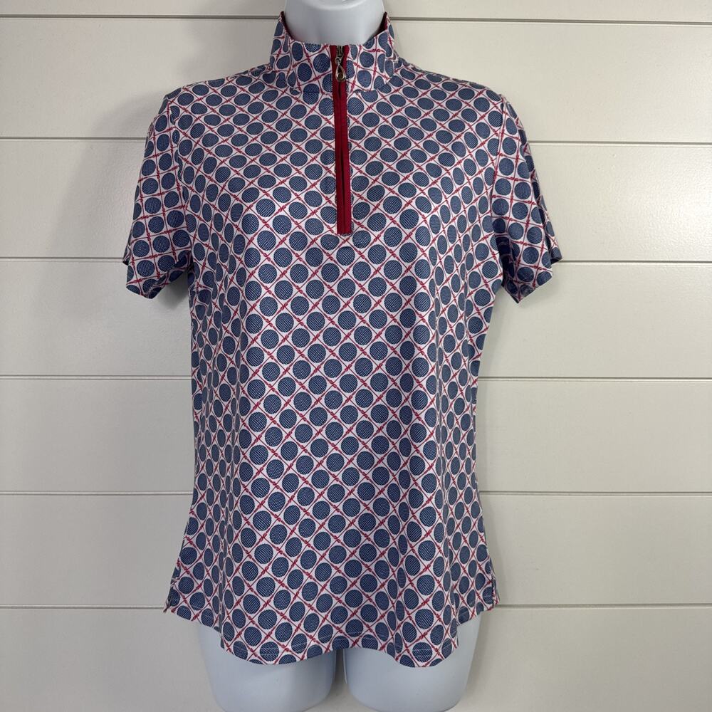 SanSoleil Golf Shirt Short Sleeve 1/4 Zip Pullover White Blue Print sz S